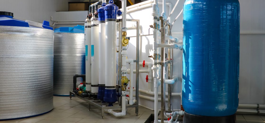 Reverse osmosis system - installation of industrial membrane devices to the purification of drinking water: pumps, pipelines, tanks, etc.